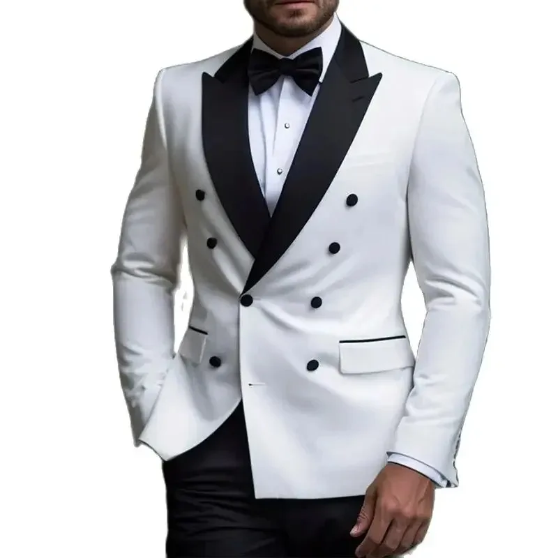 New Design Suits Men Wedding Suits White Blazer Black Pants Shawl Lapel 2 Piece Double Breasted Elegant Outfits Terno Prom Party