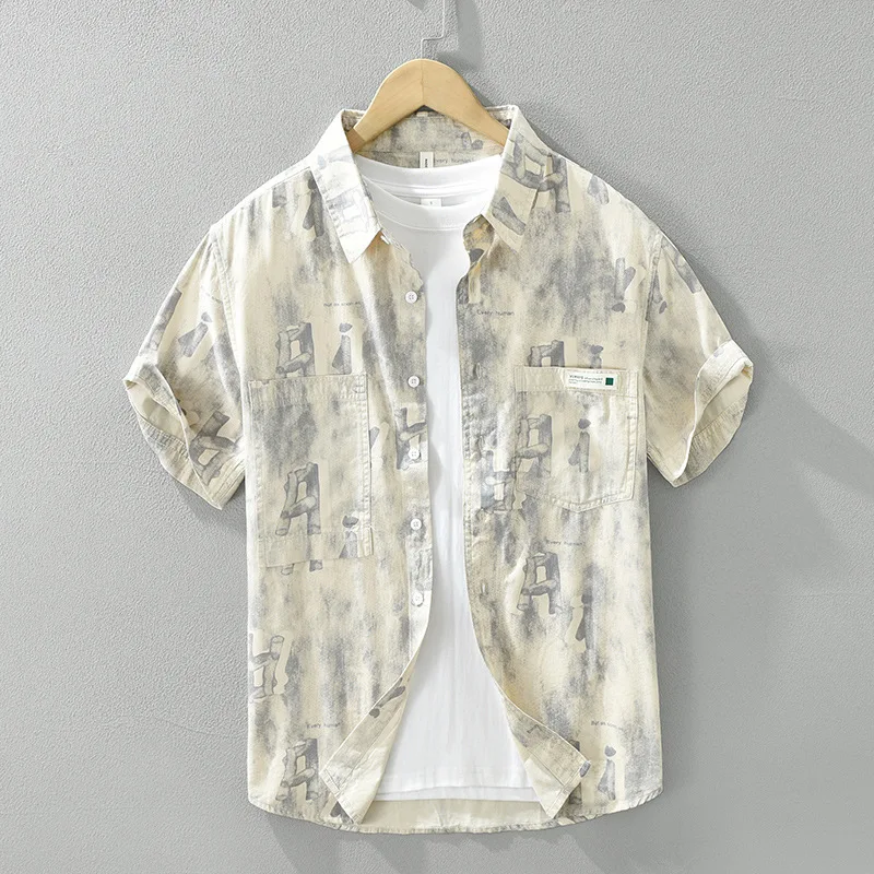 

Summer Thin Cotton Printed Loose Short Sleeve Shirt Men's Casual Loose Fit Printed Shirt Cleanfit Style Short Sleeve Shirt