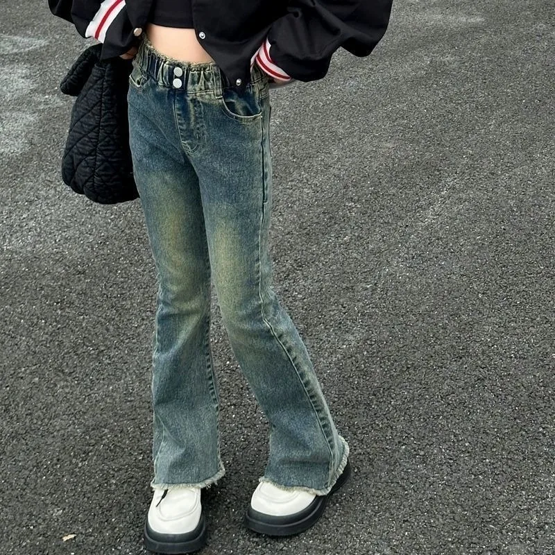 

Эластичные расклешенные джинсы для девочек, весна-лето 202, детская одежда, модные джинсы для больших детей с расклешенными щиколотками (высота 120-160 см)