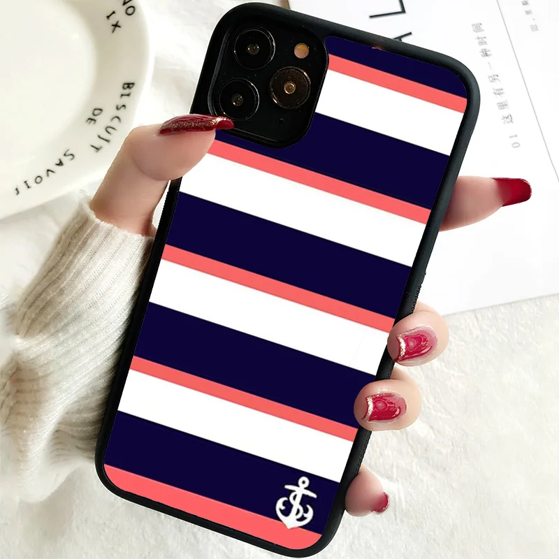 5 5S SE 2020 Phone Cover Case for iPhone 6 6S 7 8 PLUS X XS XR 11 12 13 MINI 14 PRO MAX Rubber Navy & Coral Stripe with Anchor