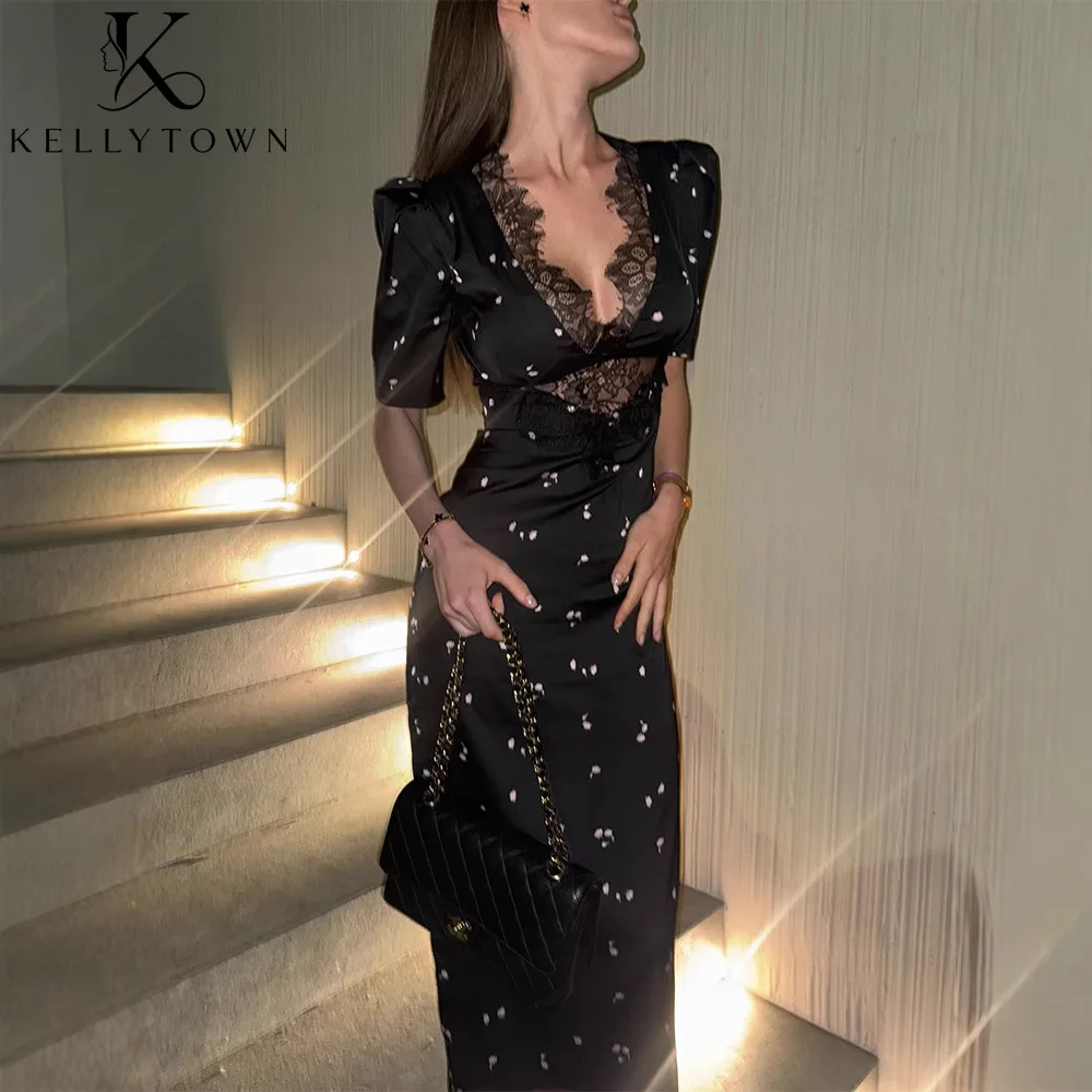 

Floral Print Satin Dress Sexy Lace Dress Summer Outfit Party Elegant Chic Bodycon Short Sleeve V Neck Hollow Out Back Maxi Dress