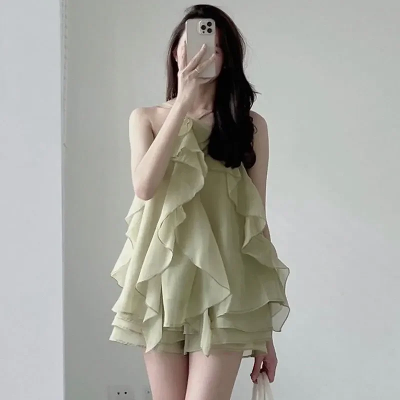 Boho Dress Vintage Hanging Neck Layer Ruffle Sleeveless Sling  Short Sexy Green Chiffon es Robe Vestidos Mujer Korean