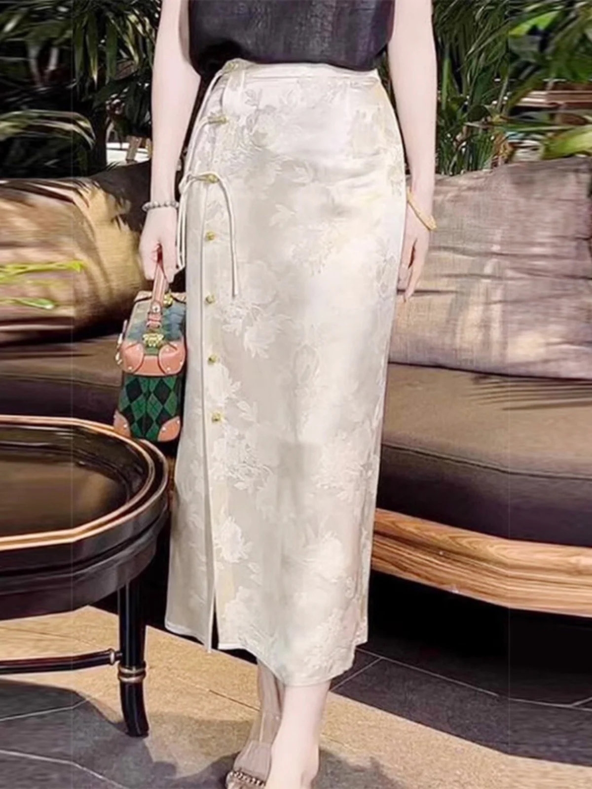 New Chinese Style High Waist Slimming Qipao Skirt Women's Spring Summer Midi Straight Cut Bodycon Skirt with Button Detail