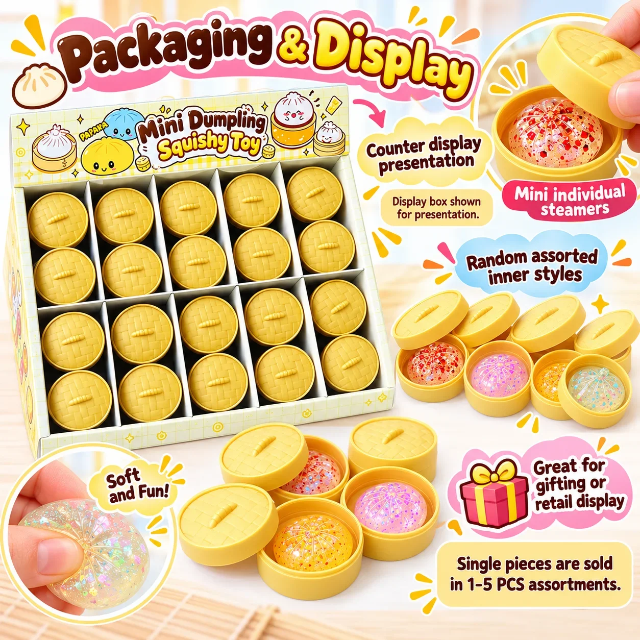 1-5PCS Mini Crystal Dumpling Squishy with Steamer Realistic Fake Food Soft Squeeze Fidget Sensory Stress Relief Novelty Gift