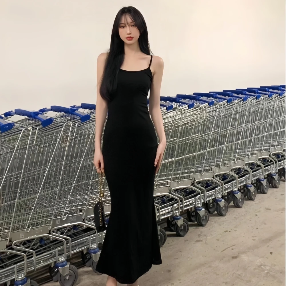 Black Strapless Mid-Length Bodycon Dress Women's Summer Base Layer Fish Tail Skirt Tight Fitting Women's Dress