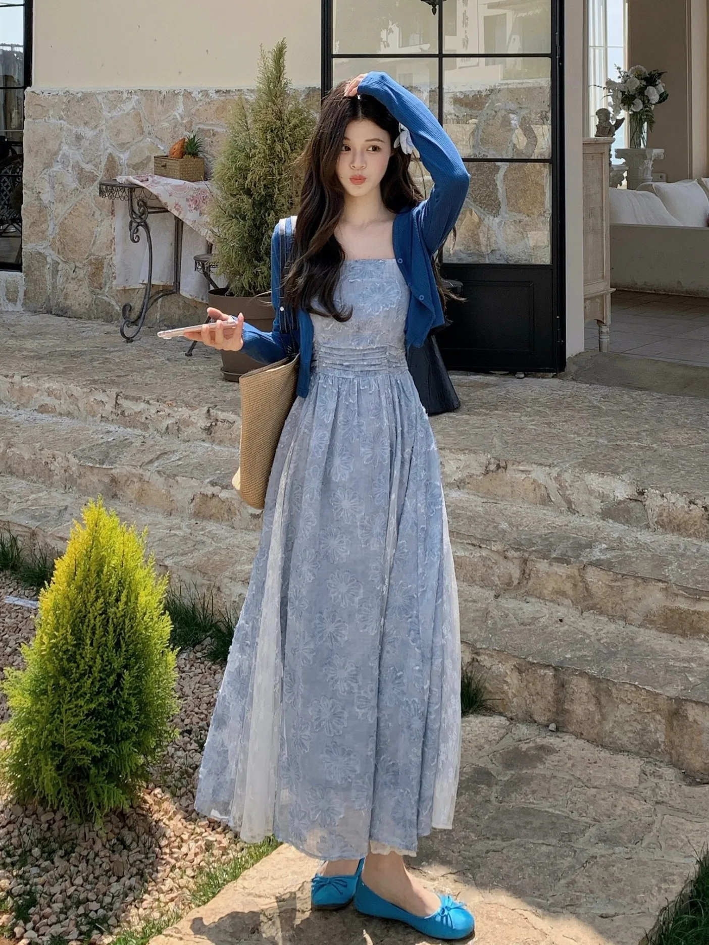 

Blue Lace Splice Maxi Dress And Cardigan Set Spring Summer New Design Sense Elegant plus Size Women's Fashion Outfit