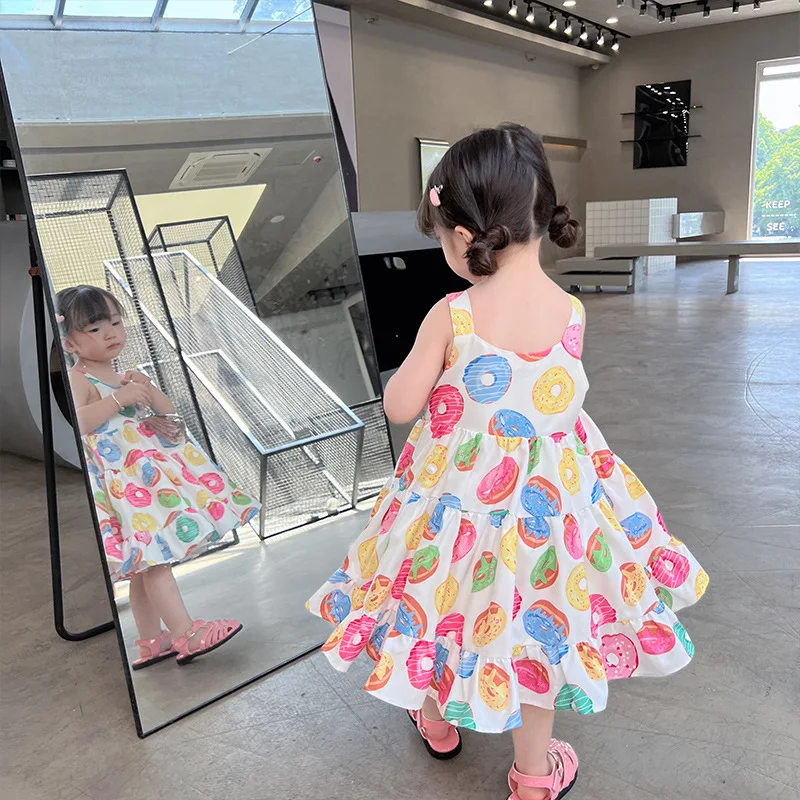 2025 Summer New Children's Sweet Style Donut Printed Princess Kids Dresses for Girls Clothes Girl's Suspender Dress
