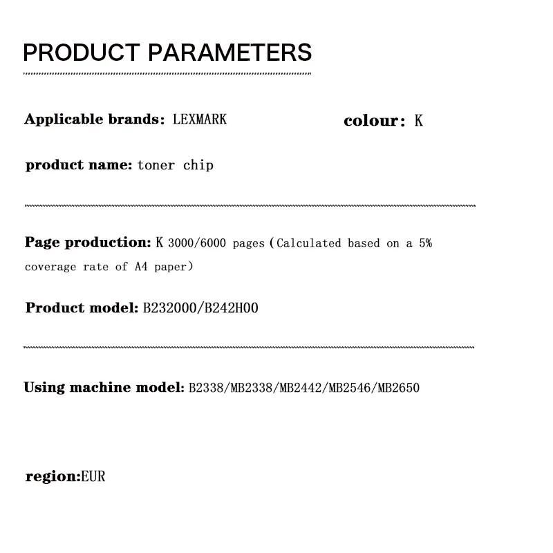 B232000 B242H00 3K/6K EUR Toner Chip for lexmark B2338/MB2338/MB2442/MB2546/MB2650