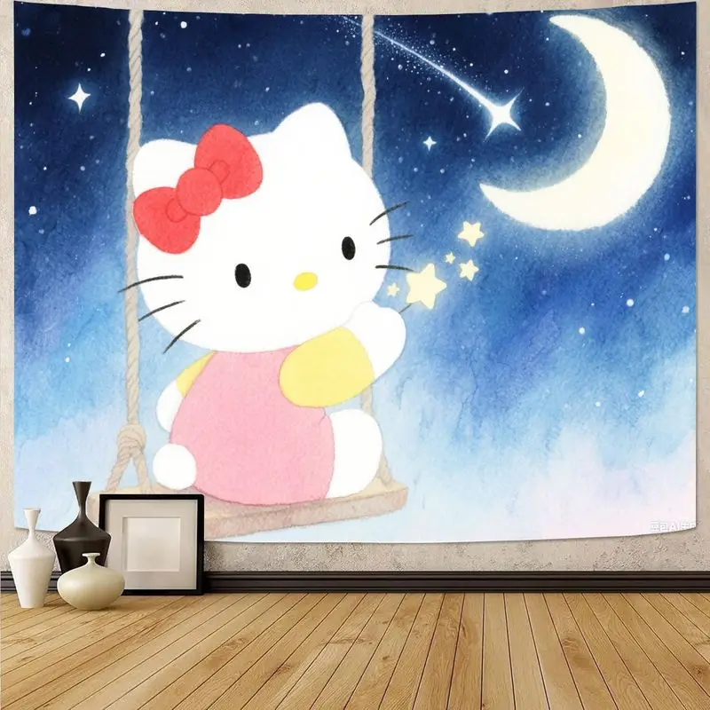 

1 шт. Sanrio Hello Kitty Dreamy Starry Night гобелен, Kawaii Kitty on Moon Swing Wall Art, эстетический подарок для спальни из полиэстера