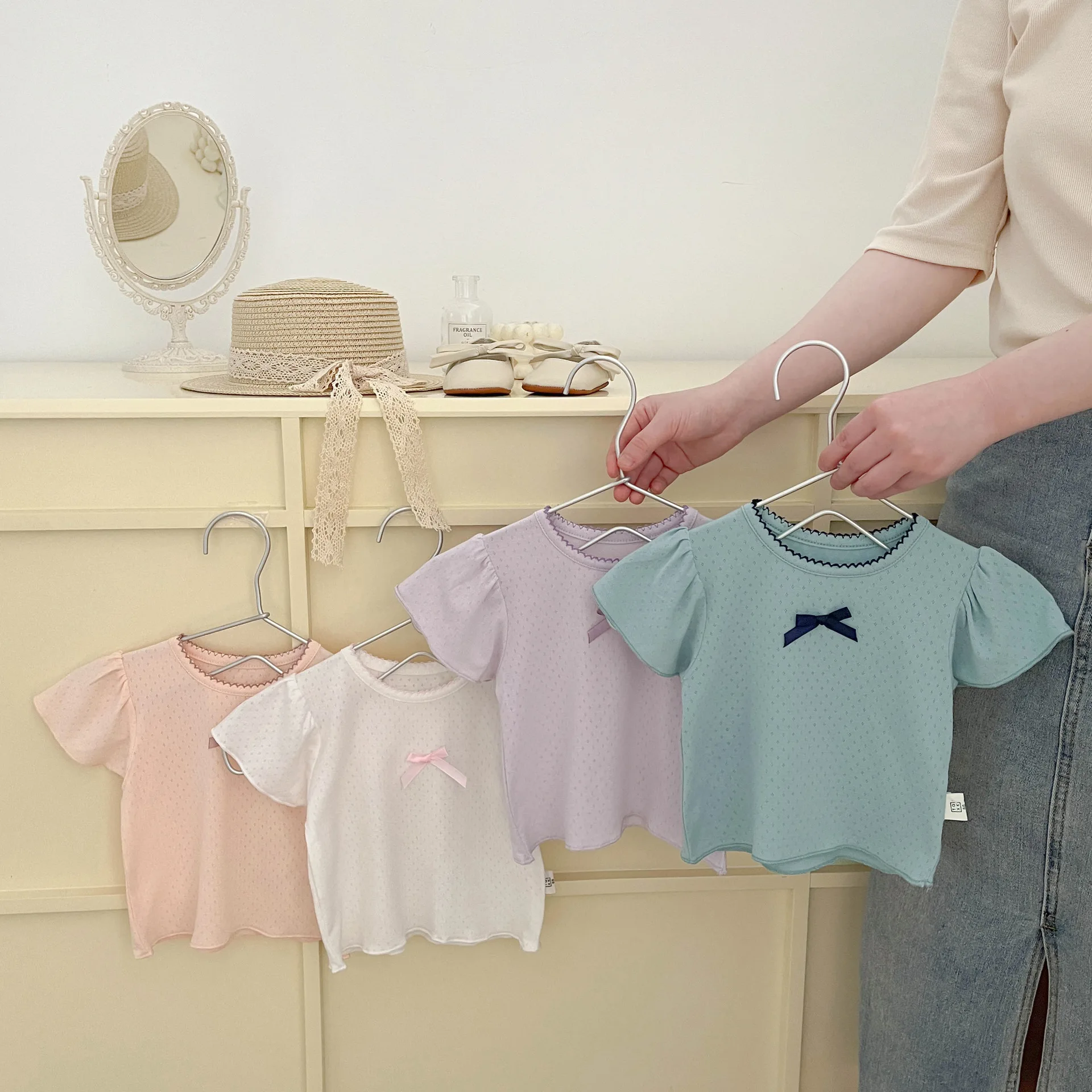 Girls Summer Thin T-shirt Foreign Style Baby Sweet Bow Versatile Short Sleeve Baby Fashion Half Sleeve Clothes