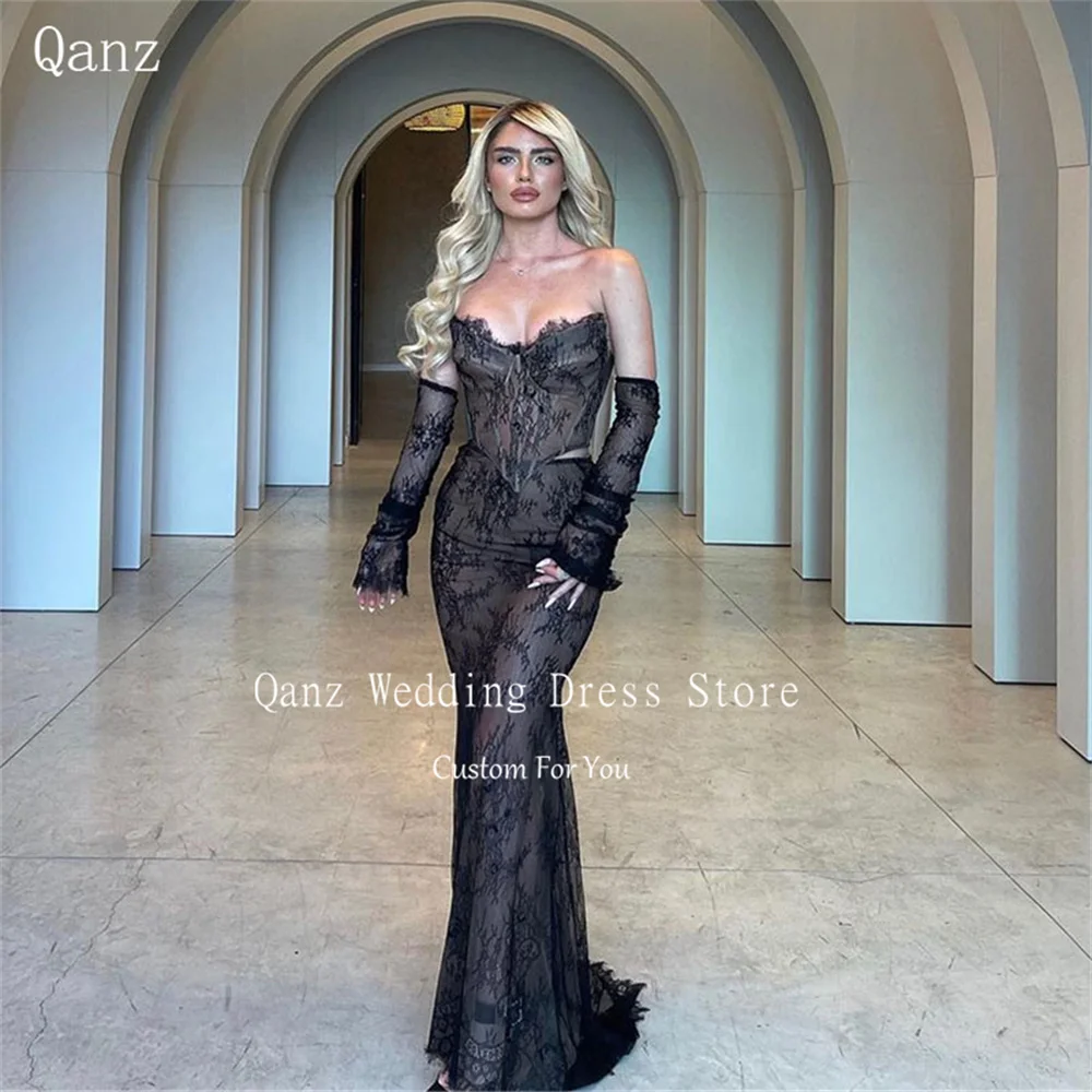 Qanz Sexy Open Back Evening Dresses Long Sleeves Mermaid Black Full Lace Dress Party Night Birthday Outfits Women Customized