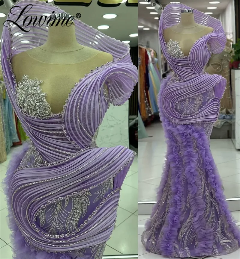 Lilac Mermaid Prom Dress Special Occasion Party Gowns Rhinestones Crystals Beaded Arabic Evening Party Birthday Gowns Customized