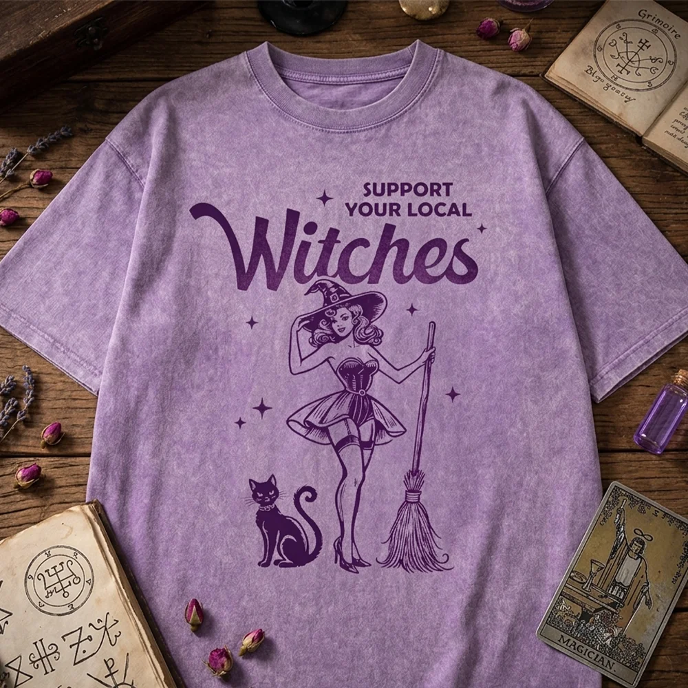 Women Support Your Local Witches Print T Shirt Vintage Acid Wash Funny Magic Graphic Tee Summer Short Sleeve Top Casual  ﻿