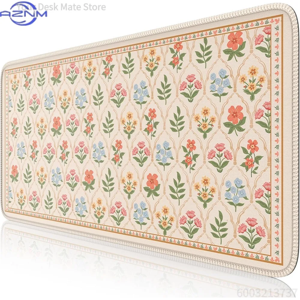 Vintage Floral Large Desk Mat, Boho Wildflower Pattern XXL Mouse Pad, Non-Slip Rubber Lock Edge Keyboard Mat for Office Home Dec