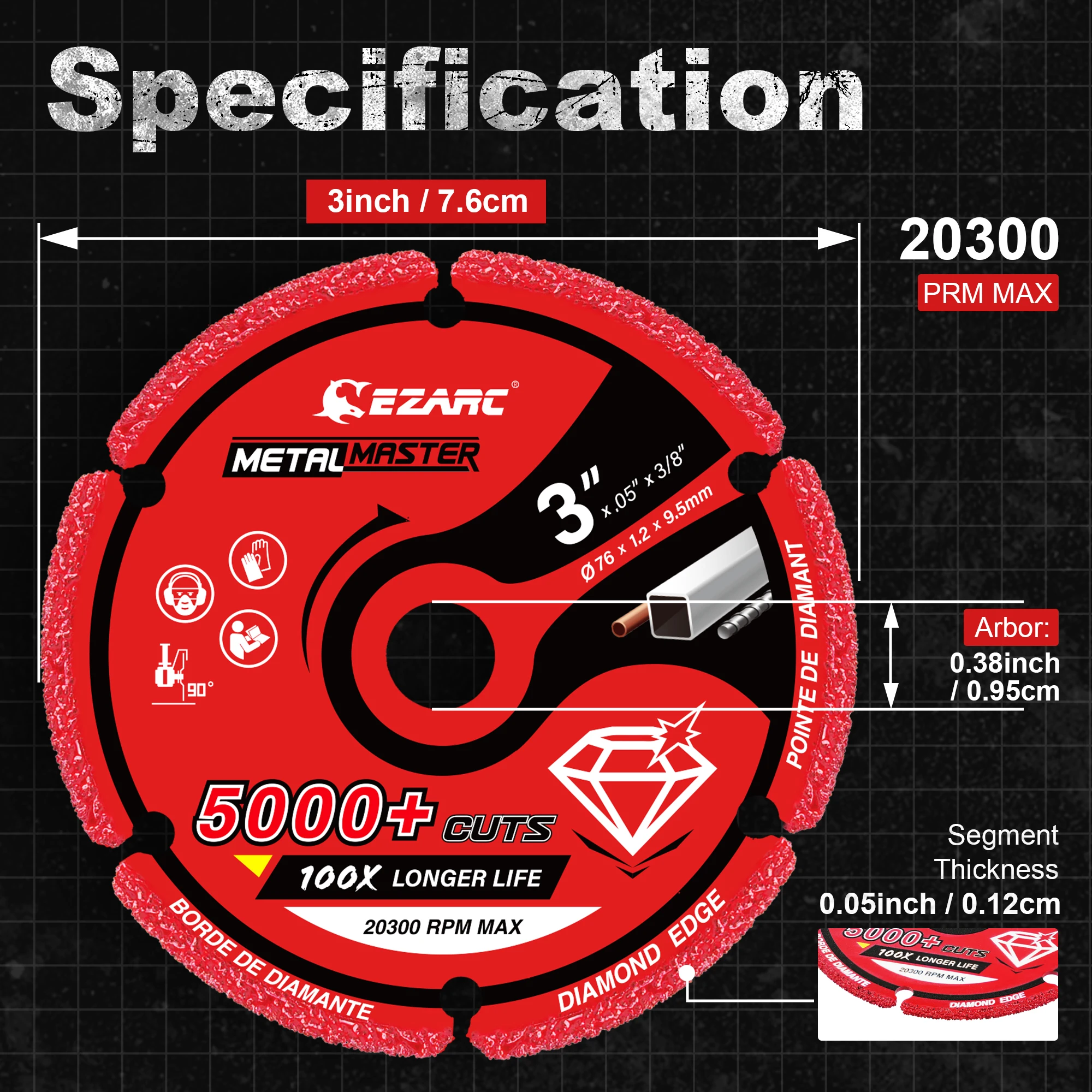 Diamant-Trennscheibe 76 mm x 9,5 mm für Metall, Trennscheibe mit über 5.000 Schneiden auf Bewehrung, Stahl, Eisen und INOX
