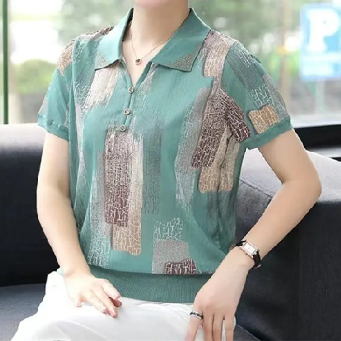 Summer Women\'s Clothes V-neck Short Sleeve Plaid Striped Printing Female Clothing Casual Loose Fitting Large Vintage Tops