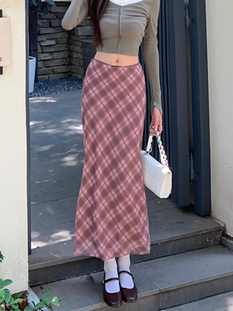 

Retro Plaid f Skirt Women's Spring New Sle High Waist Me Skirt Wrap around Long Skirt Polyester Fiber A-Line Midi Skirt