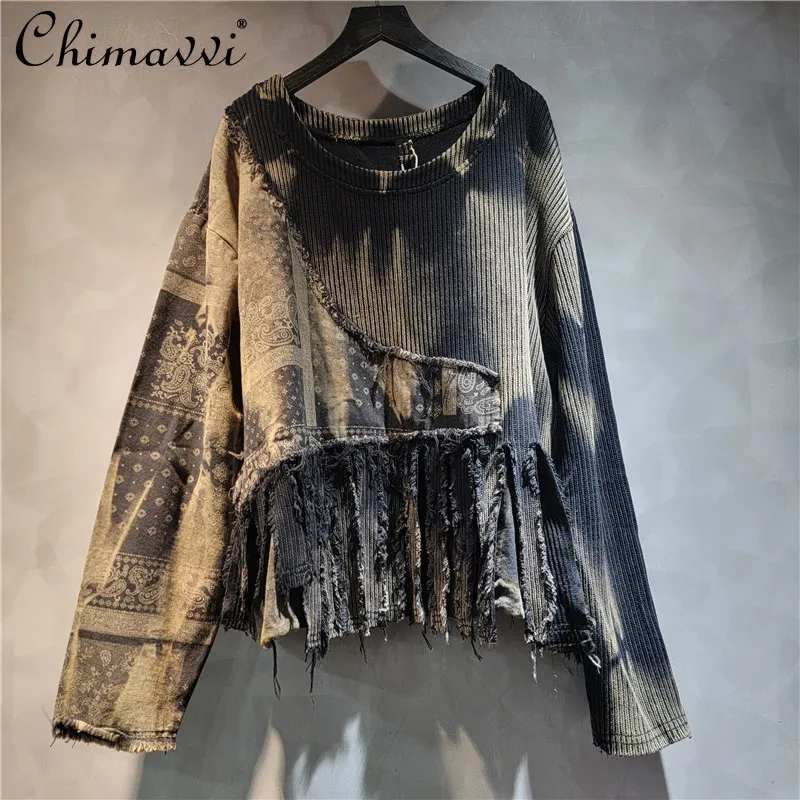 Personalized Retro and Old Tie-dye Splicing Denim Hem Fringed Crew Neck Sweater Women's Autumn and Winter Long-sleeved Loose Top