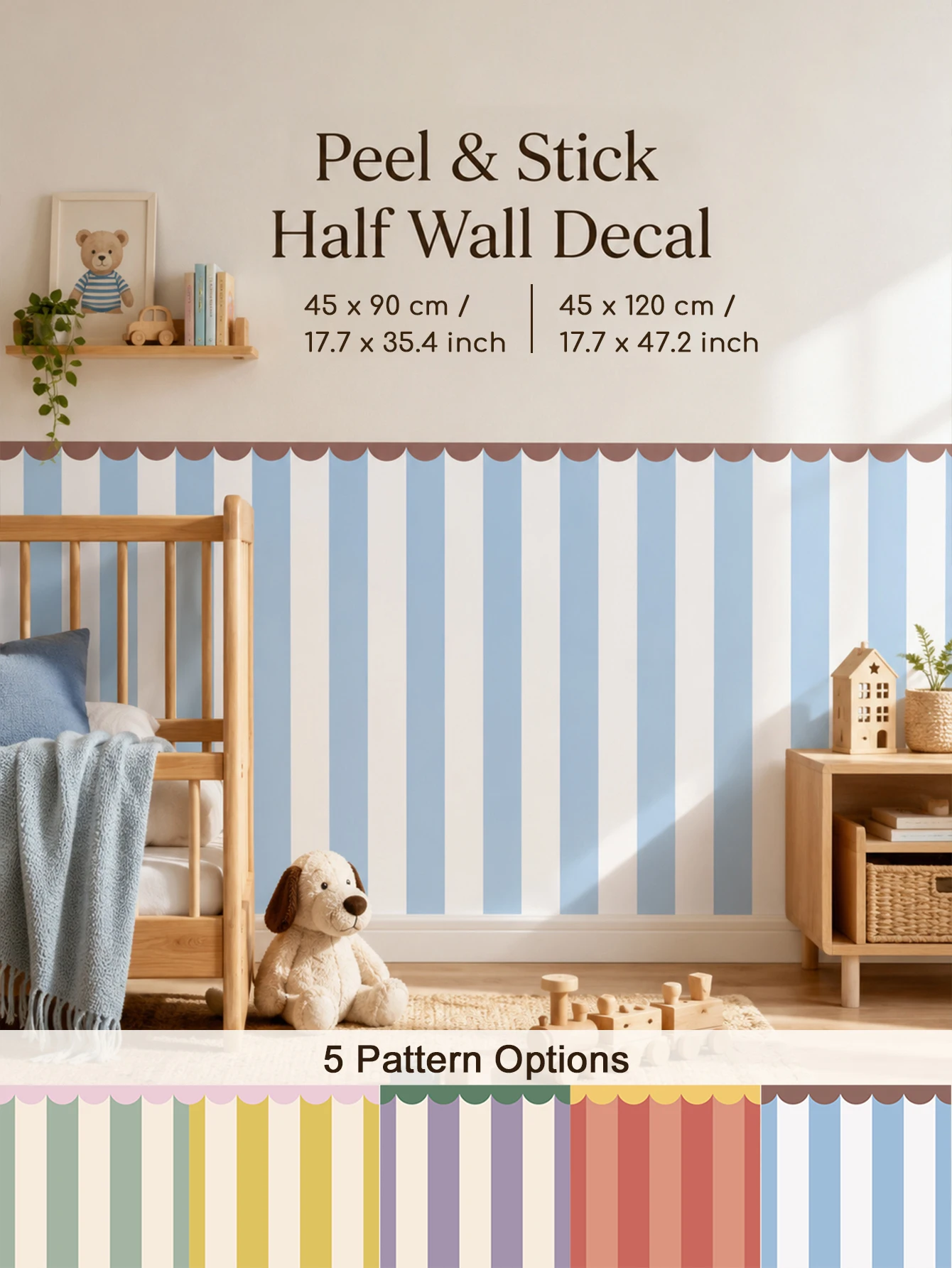 Scalloped Striped Half Wall Decal, Peel and Stick Removable Wall Sticker for Indoor Home Decor, 5 Color Options