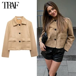 TRAF Suede Bomber Jacket Women Autumn Cropped Jackets for Women Long Sleeve Button Jacket Woman Streetwear New in Outerwears