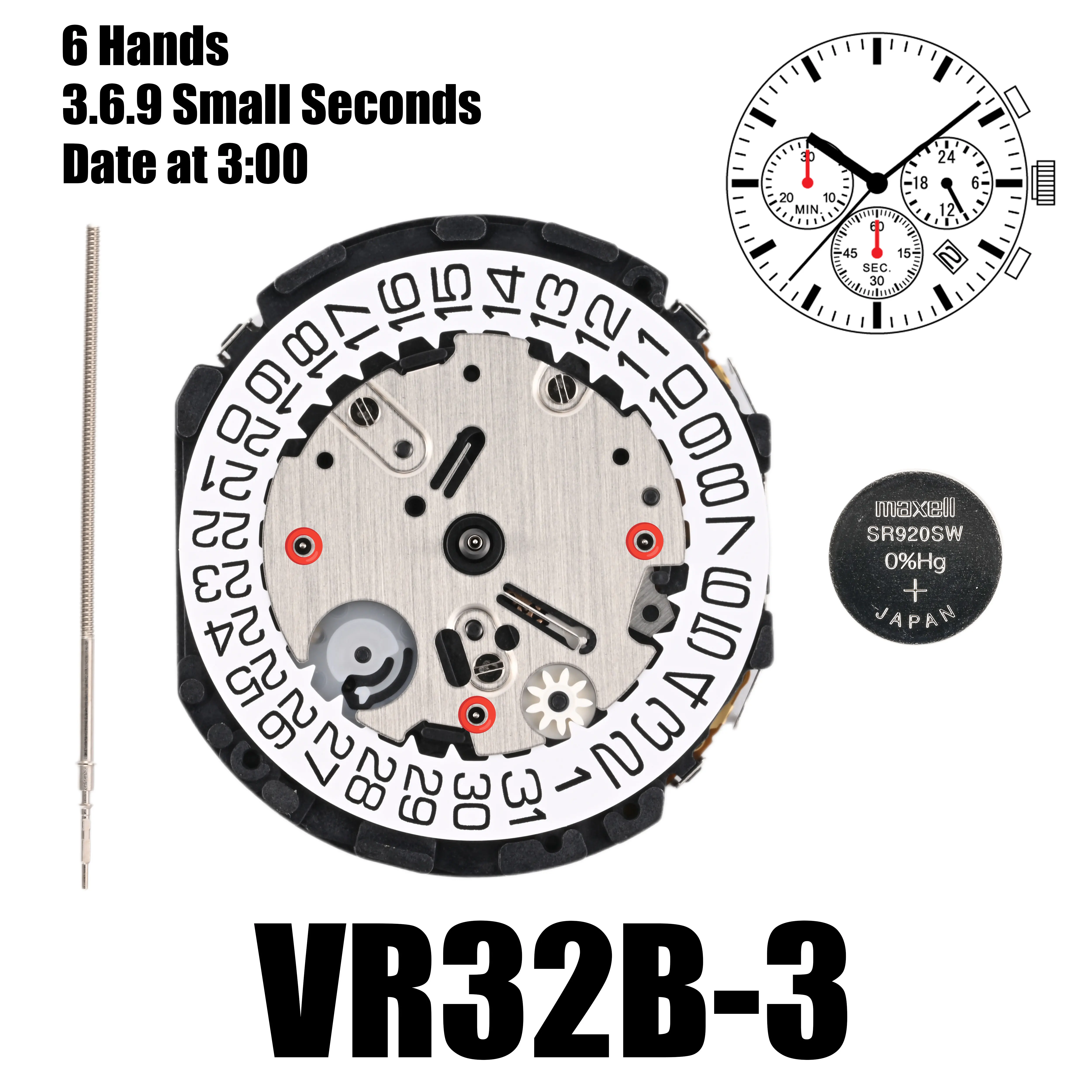 

EPSON VR32 MUSCLE MOVEMENT Chronograph VR32B Quartz movement 3.6.9 Small Seconds date at 3：00