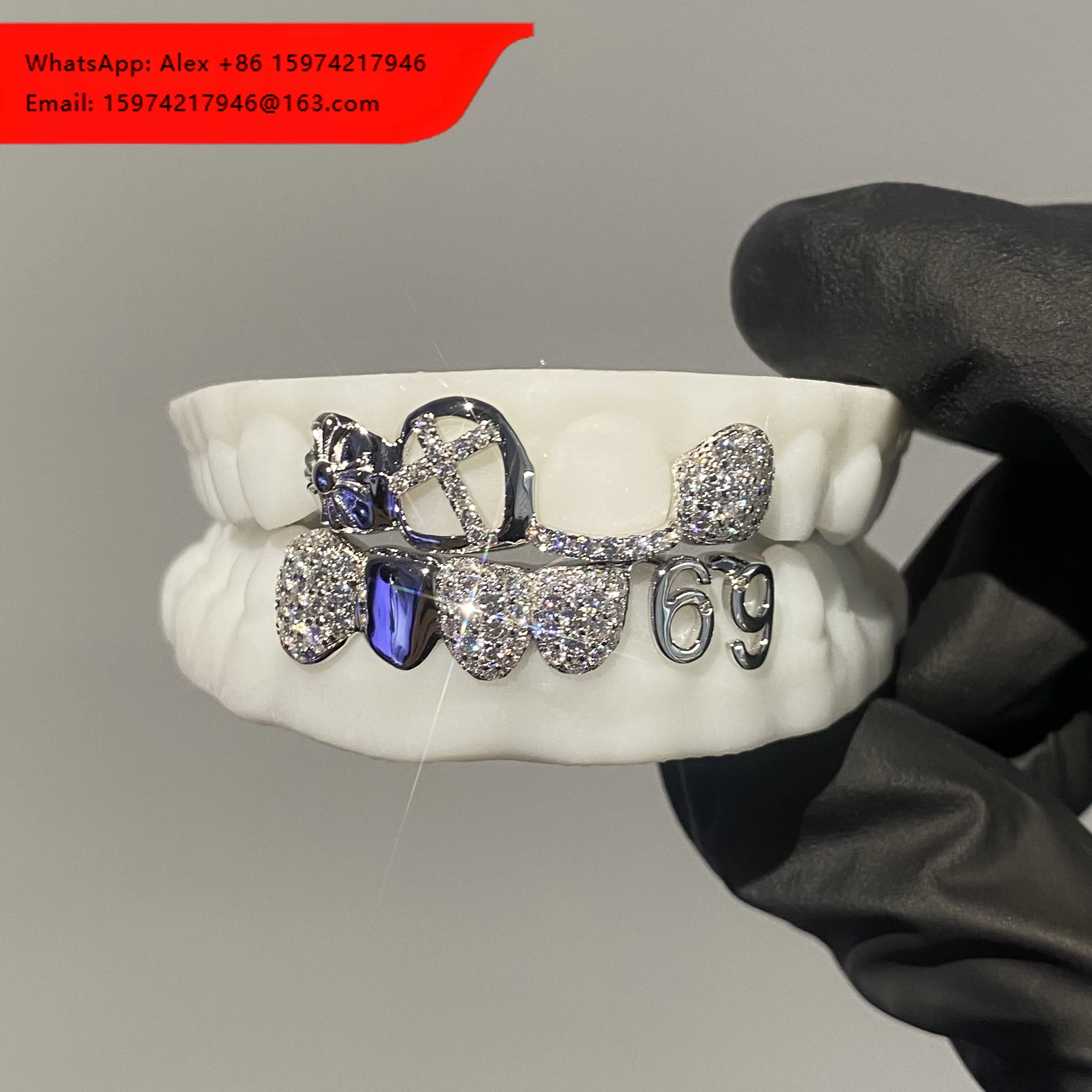 Custom 925 Silver Cross Relief Honeycomb With Vvs Moissanite Diamonds Grillz Plain 69 Digital Teeth Grillz Jewelry