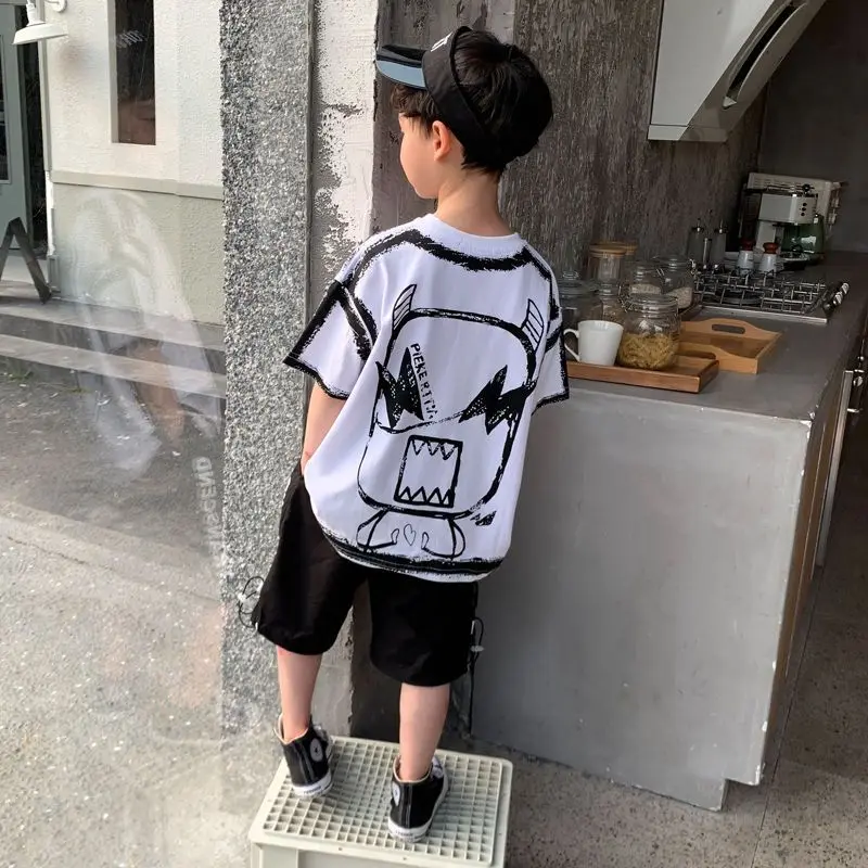 

2023 Fashion Boys Suit Summer 2023 New Baby T-shirt + Shorts Two-piece Outfits Cotton Kids Boy Sports Set Child Clothing 3-12Yrs