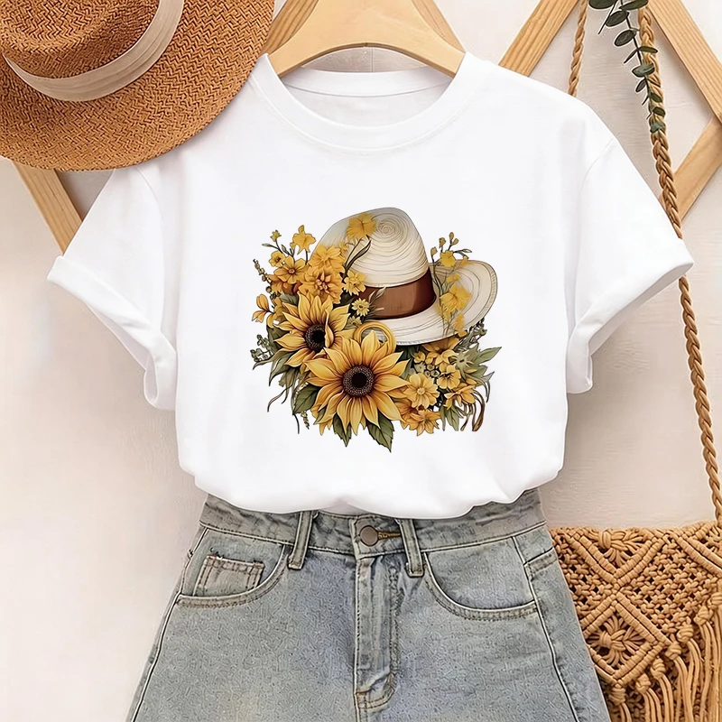 With Artistic Floral and Snake Light Beige Print Women's T-shirt Y2K Casual Tops T-Shirt Summer Round Neck Short Sleeve T Shirt