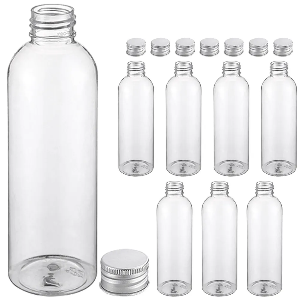 8Pcs Aluminum Cap Juice Bottles Transparent Clear Plastic Drink Containers Reusable Sealed Bottles for Storage Travel Bulk