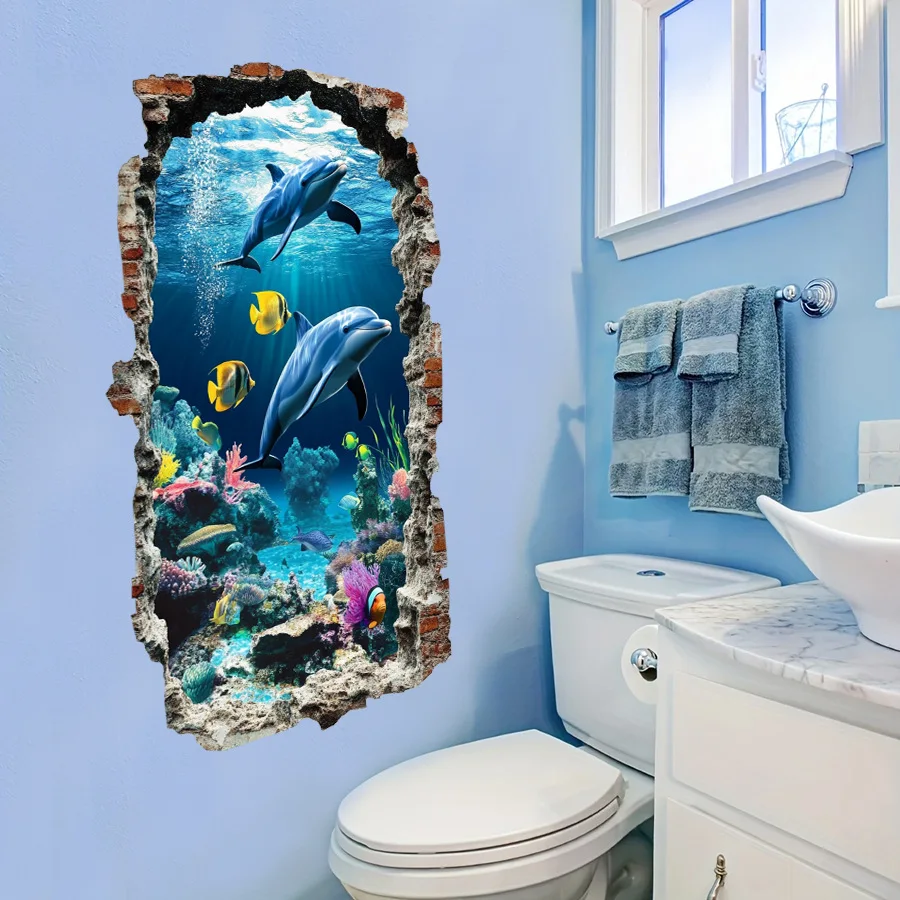 3D Under The Sea Turtle Wall Decals Underwater Ocean Dolphin Fish Broken Wall Stickers Removable for Bedroom Bathroom