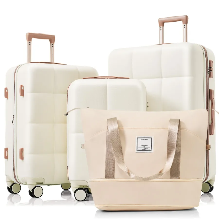 Luggage Sets 4 Piece, ABS Durable Suitcase With Travel Bag, Cup Holder, ABS Hard Shell Luggage With Spinner Wheels, White