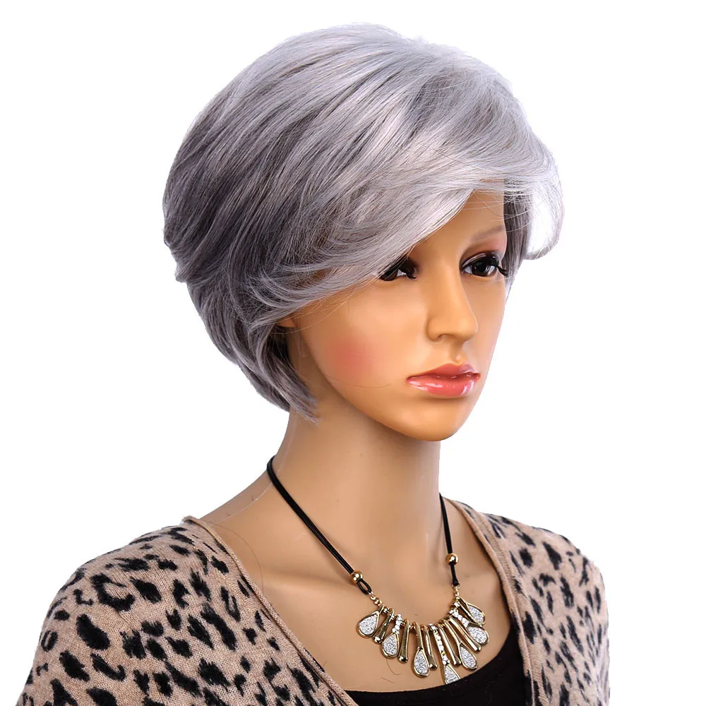 

Silver Gray Short Straight Synthetic Wig for Women, Heat Resistant Mom Wig