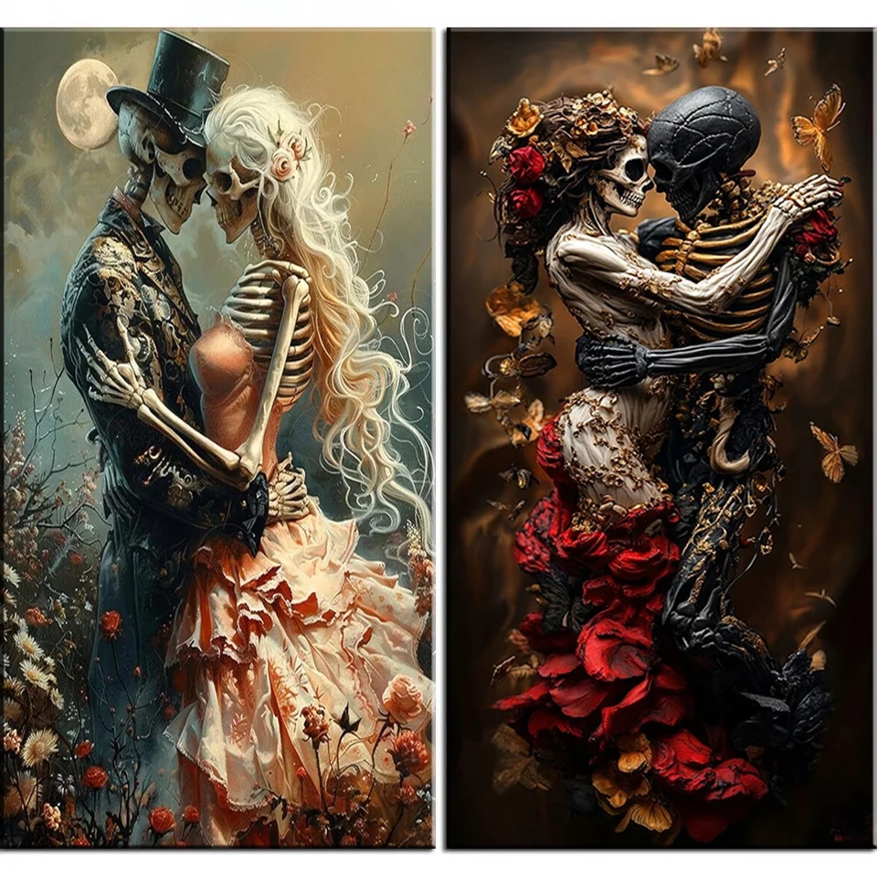 

Vibrant Sweet Skull Love 5D DIY Diamond Art Painting Full Round Diamond Mosaic Embroidery Skeleton Couple Home Decor Big Size