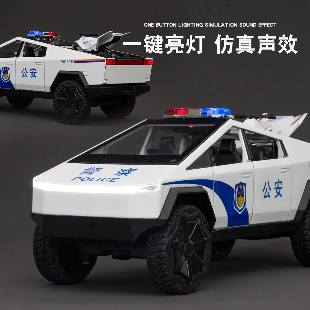 :24 Tesla Pickup Police Car High Simulation Diecast Metal Alloy Model Car Sound Light Pull Back Collection Kids Toy Gifts