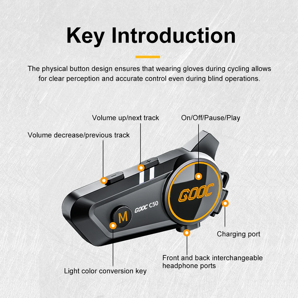 Headset interkom helm sepeda motor Bluetooth, Headset interkom helm sepeda motor Stereo panggilan bebas genggam IPX67 tahan air tiga warna lampu sekitar 1000H waktu siaga panjang