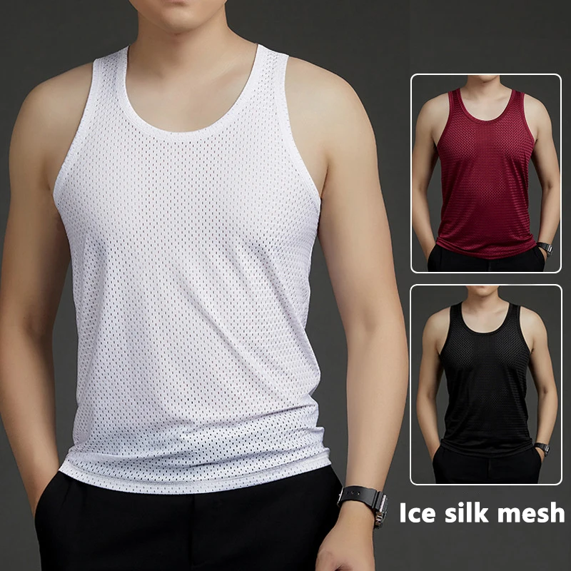 Men's Ice Silk Mesh Tank Tops Gym Stringer Transparent Bodybuilding Sleeveless Shirt Fitness Vest Male Mesh Muscle Singlets