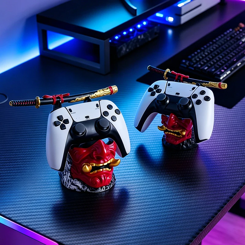 Cool Red Oni Mask Resin Game Controller Holder Samurai Sword Stand for PS5 Xbox Gaming Room Bedroom Desktop Tabletop Decoration view 5