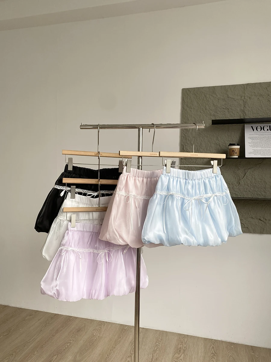 

Women's Summer Sweet Bowknot Glossy Gauze Bud Skirt Lady Lovely Cute High Waist A Line Puffy Short Skirt