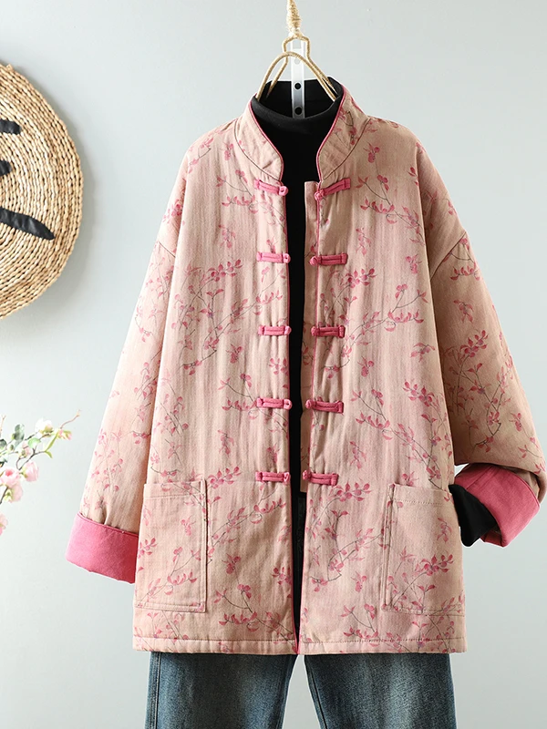 

New Chinese Sle Women's Jaet Loose Fit Cotton Padded Mid-Length Coat Button up Thiened Long Sve Printed Vintage