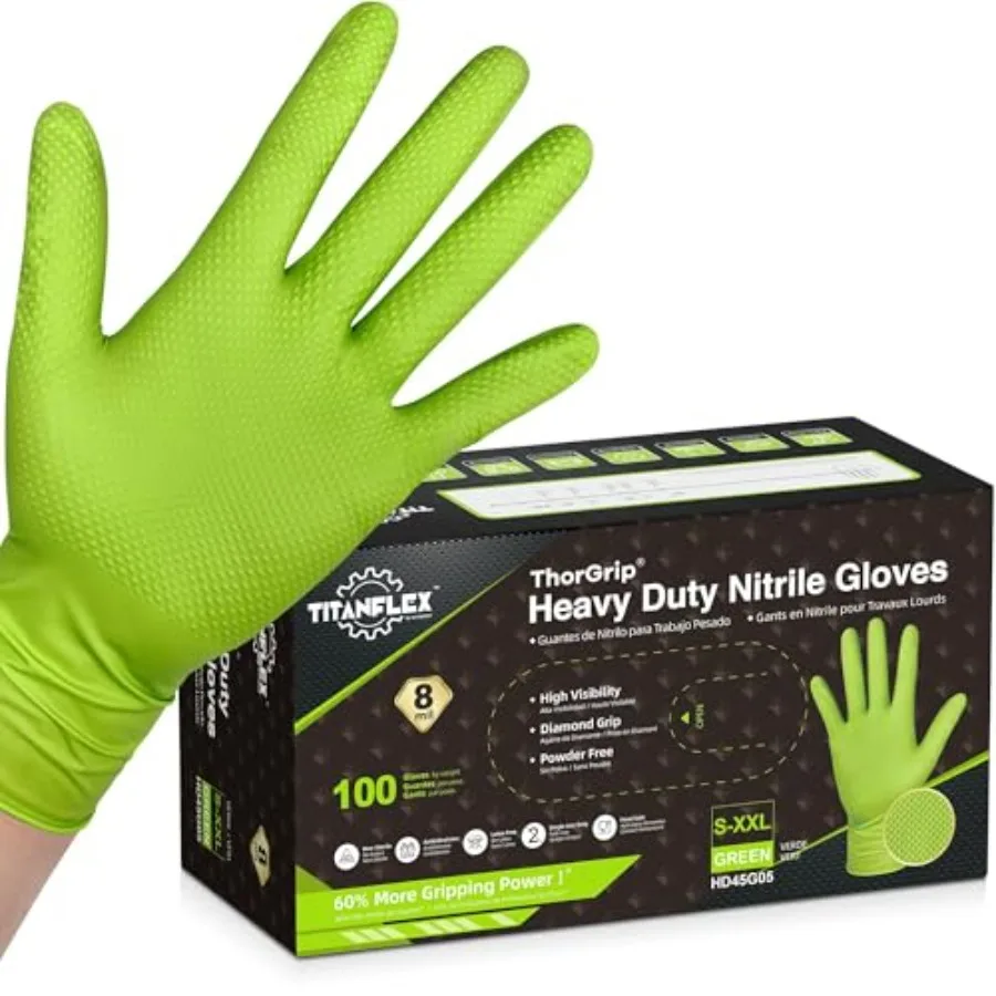 

Titaex Heavy Duty Industrial Nitrile Gloves with Raised Diamond Texture, 8-mil, Latex Free Green/Dark Green/Yellow