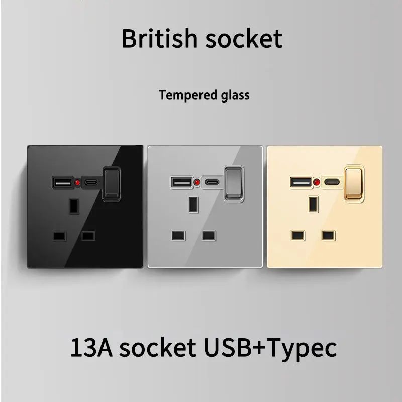 

86 Тип Скрытая быстрая зарядка 20 Вт 13А Британский квадратный отверстие USB Typec Закаленное стекло Зарядная вилка Домашняя панель 4 цвета на выбор