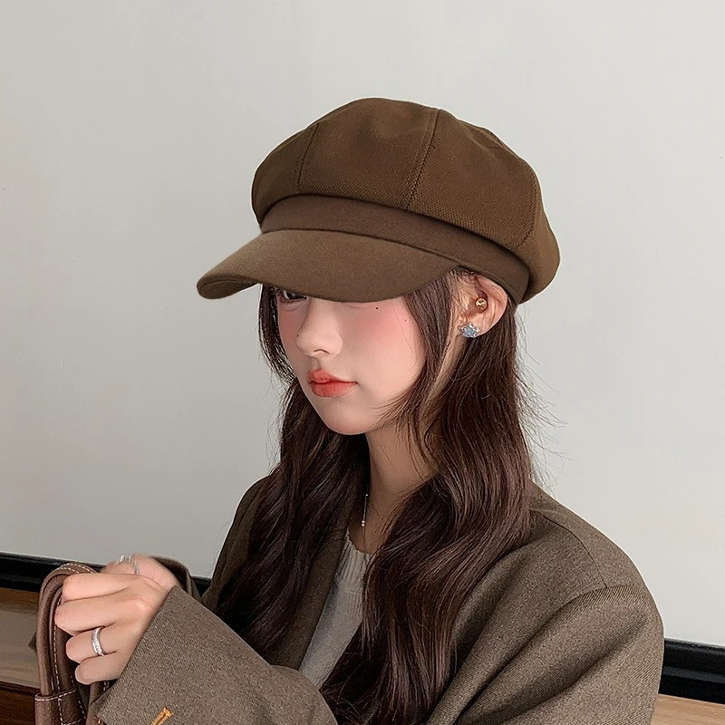 

New British-style Octagonal Hat for Women, Spring and Autumn, Solid Color, Beret with Visor, Flattering Face, Newsboy Cap