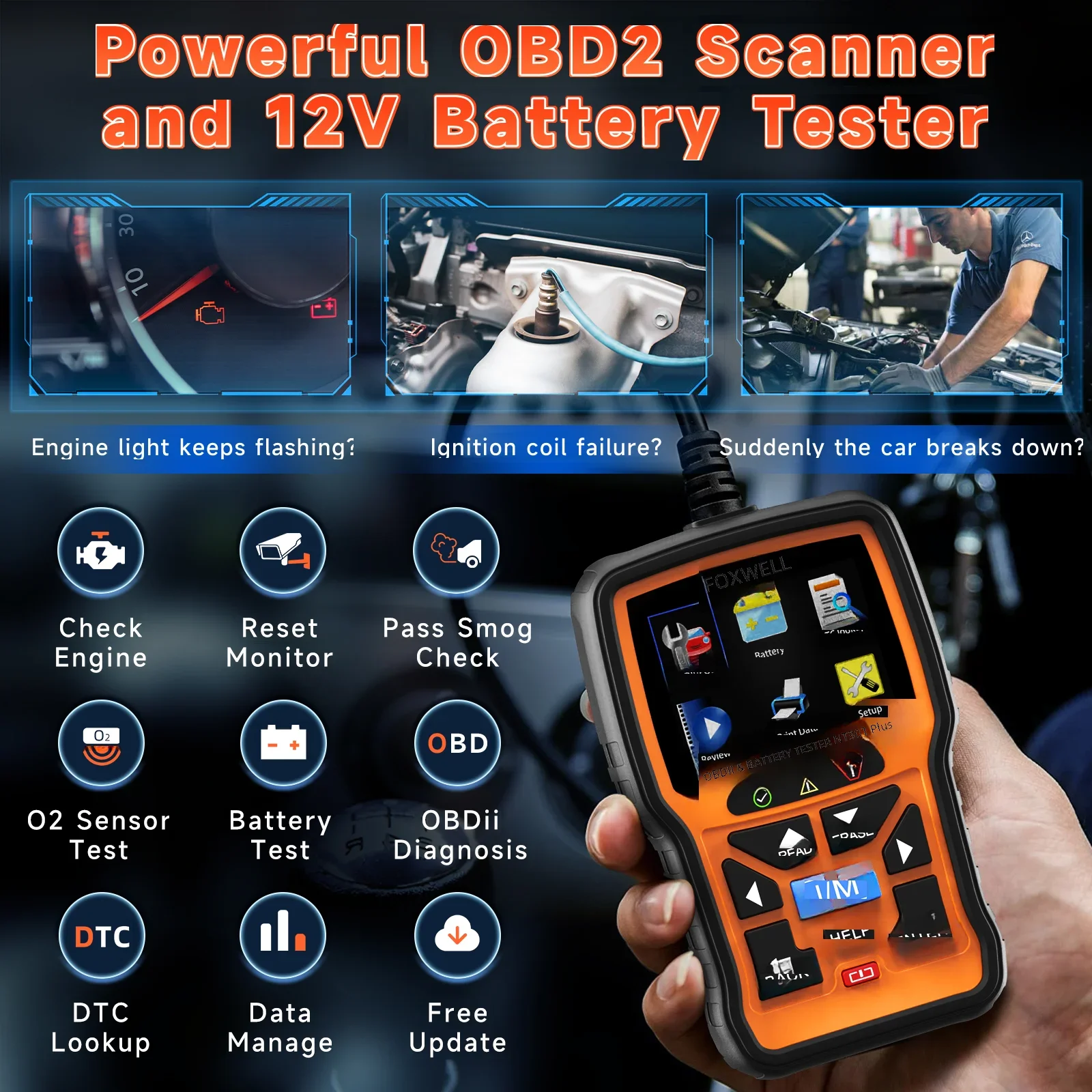 NT301 Plus FOXWELL OBD2 Scanner 12V Battery Tester 100-2000CCA Battery Charging Cranking System Test Engine Code Reader Scanner