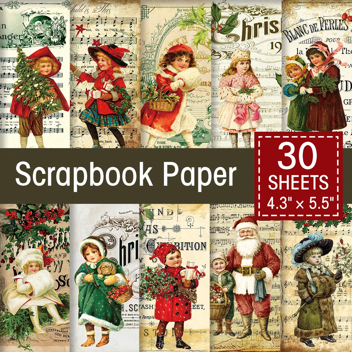 30pcs Christmas Scrapbook Paper,Antique-Inspired Design With Illustration,For Christmas Crafting Journaling,Diy Gift Wrap Decor