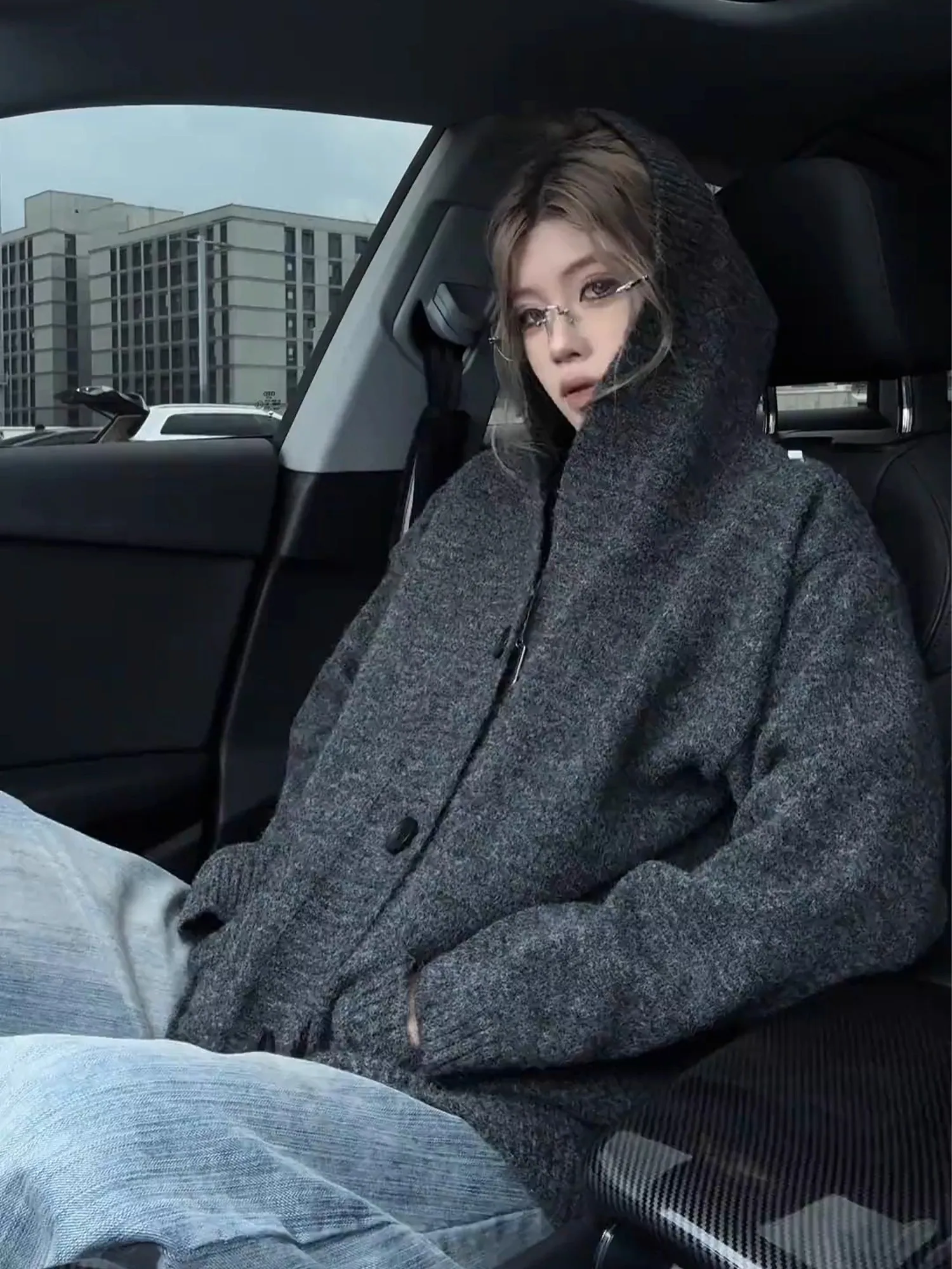 

American Sle Vintage Deep ey Hooded Cardigan Men's Autumn Winter Lazy Sle Knitted Jaet Coat Casual Loose Fit Polyeste...