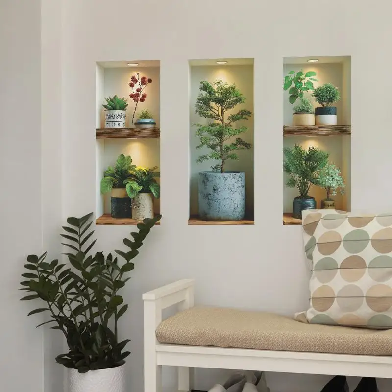 3pcs Set Simulated Archway Niche Potted Plant Wall Stickers Watercolor Wall Decals For Stairway Entrance Hall Decoration