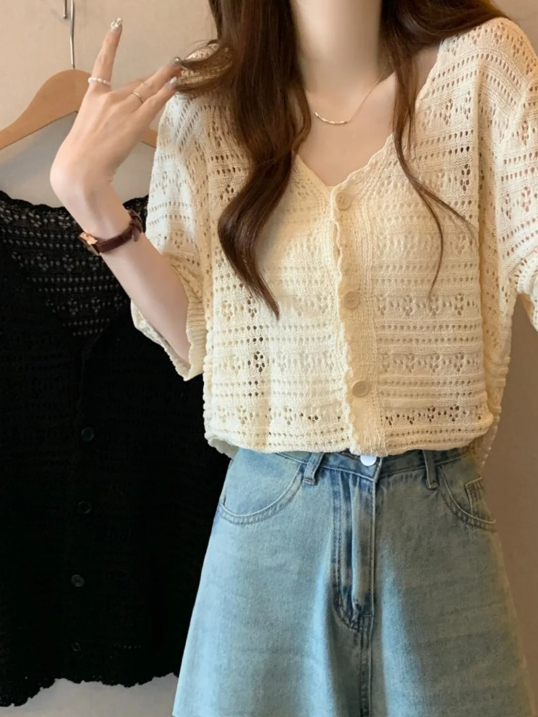 

plus Size Women's Ice Silk Hollow Knitted Cardigan ort Sve Thin Sun Protection V Ne Outerwear Top Large Size