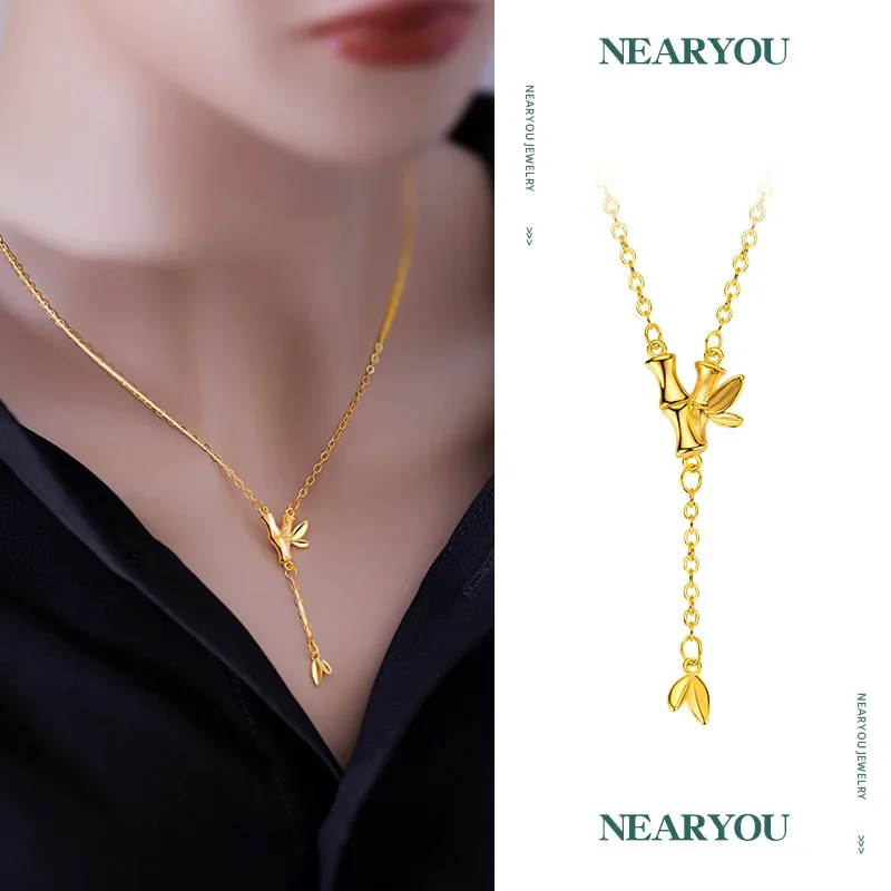 9999 Real Gold 24K Japanese and Korean niche fashion bamboo joint tassel necklace joint high collarbone set chain