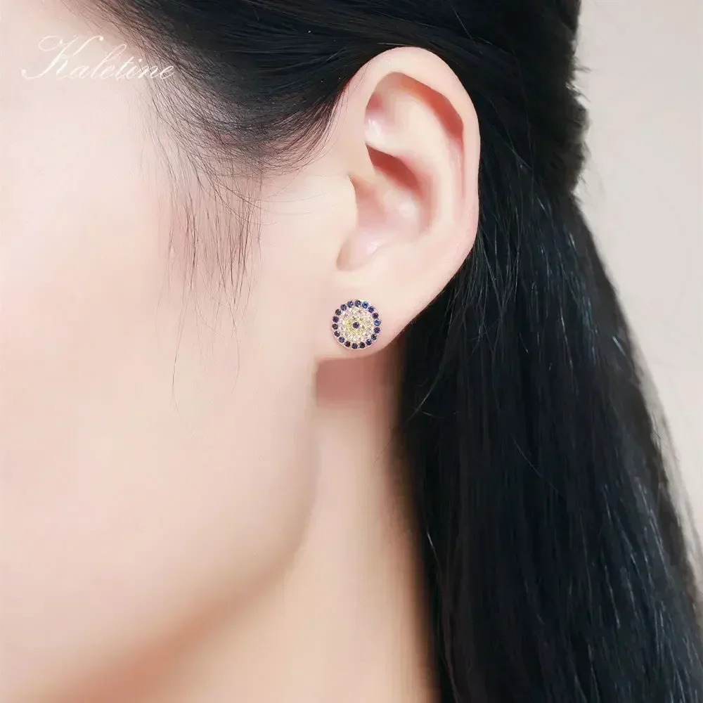 KALETINE Genuine 925 Sterling Silver CZ Crystal Lucky Turkey Evil Eye Earrings For Women Yellow Rose Gold Jewelry KLTE009