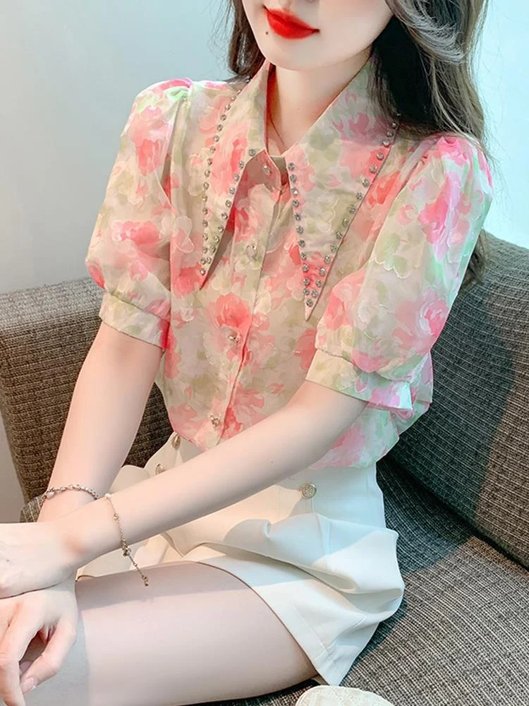 Summer Woman Clothes Chic French Romantic Fashion Style Sweet Floral Chiffon Shirt Top Popularity Thin Polo-neck Loose Diamonds